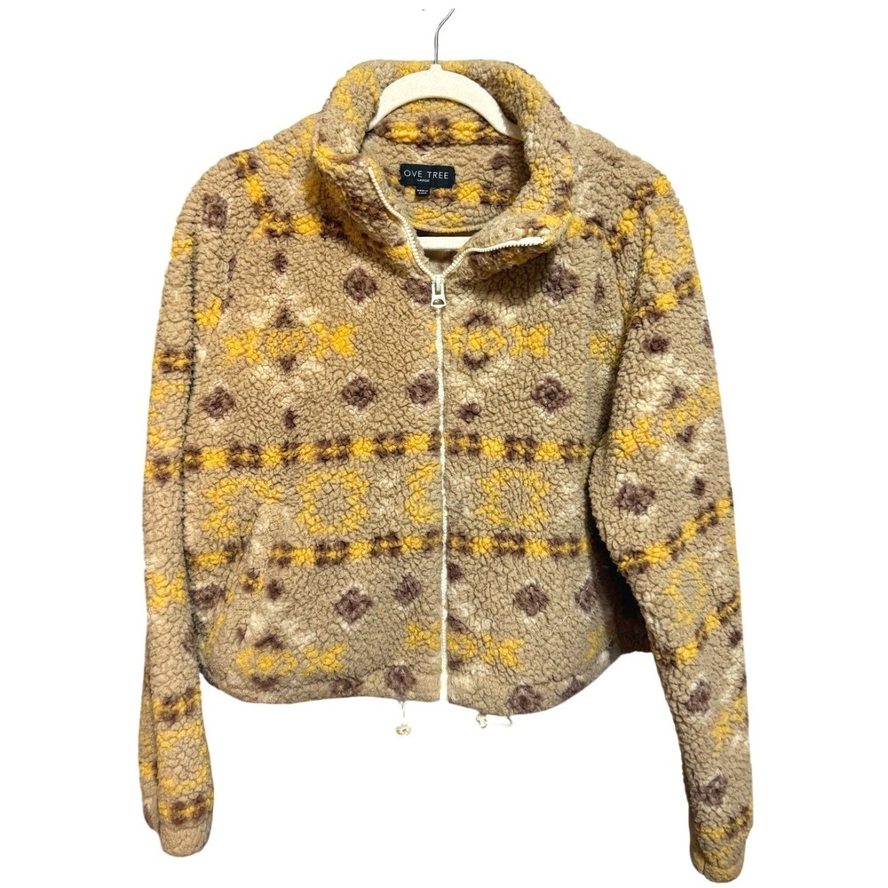 Love Tree Fleece Jacket Geometric Print Zipper Closure  L‎